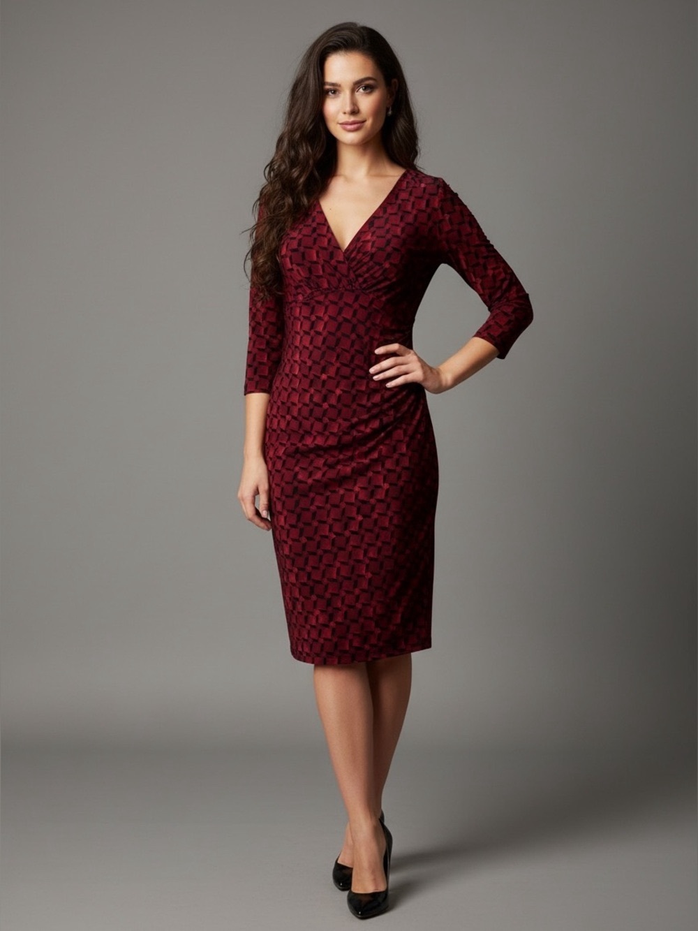 Lauren Ralph Lauren Faux Wrap Sheath Dress Burgundy Black Geometric Ruched Sz 6